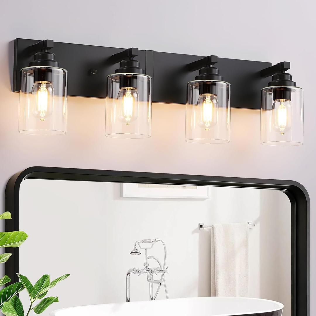 Black Bathroom Light Fixture, 4 Light Matte Black Vanity Light, 27.5" Modern Bathroom Lighting Fixtures Over Mirror, with Clear Glass Shade, Vanity Lights for Bathroom Bedroom Hallway