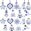 Funtery 18 Pieces Blue and White Porcelain Ornaments Chinoiserie Fall Pumpkin Decor Hanging Pendant Christmas Decor Ceramic Christmas Tree Ornaments for Christmas Autumn Decoration (Cute Style)