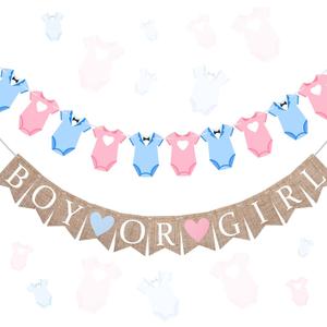 2 Pcs Party Decorations Pre-Strung Boy or Girl Burlap Banner and Garland He or She Sign for Gender Reveal Welcome Baby Shower Birthday Party Decorations(Bodysuits,Pink, Blue)