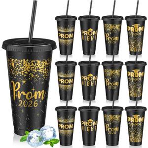SiliFine 12 Set Graduation Prom 2026 Plastic Cups, 24oz Reusable Prom Plastic Tumblers Cup with Lids and Straws Graduation Party Dinnerware Supplies Bulk for Cold Drink (Black Gold)