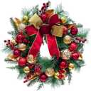 24 Inch Lighted Christmas Wreath Xmas Ball Wreath with Timer Glitter Christmas Ball Ornaments Red Berries Pine Needles and Red Bow for Outdoor Home Wall Window Holiday Decor