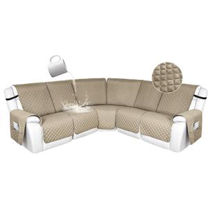 HDCAXKJ 100% Waterproof Reclining Sectional Couch Covers L Shape Recliner Sofa Cover Washable Quilted Soft Pet Dog Corner Recliner Slipcovers with Pockets (5 Seat Recliner Couch, Light Khaki)