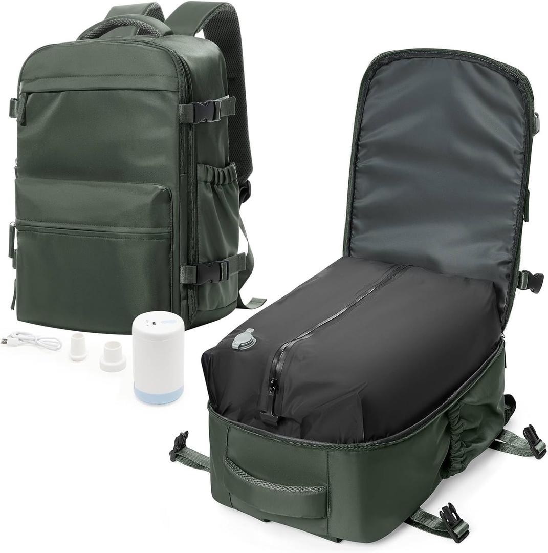 Vacuum Travel Backpack with Pump for Women,Personal Item Carry on Backpacks Flight Approved 18x14x8 inches for Men,Laptop Waterproof Work Compression Bags Casual Daypack Green