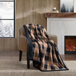 Eddie Bauer - Throw Blanket, Brushed Fleece & Plush Sherpa Soft Blanket, Throw Blanket for Couch & Bed (Cabin Plaid Beige, 50" x 60")