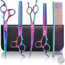 Professional Dog Grooming Scissors Set, 7 Inch/8 Inch Pet Grooming Scissors Chunkers Shears for Dog, Curved Dog Grooming Scissors, Thinning Shears for Dog with Grooming Comb (Rainbow)