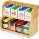 Tea Bag Organizer, 2 Layer Stackable Bamboo Tea Box Organizer Storage Box, Wooden Holder with 8 Compartments Natural Wood & Acrylic for Countertop Kitchen Cabinet Pantry (2 Tier)