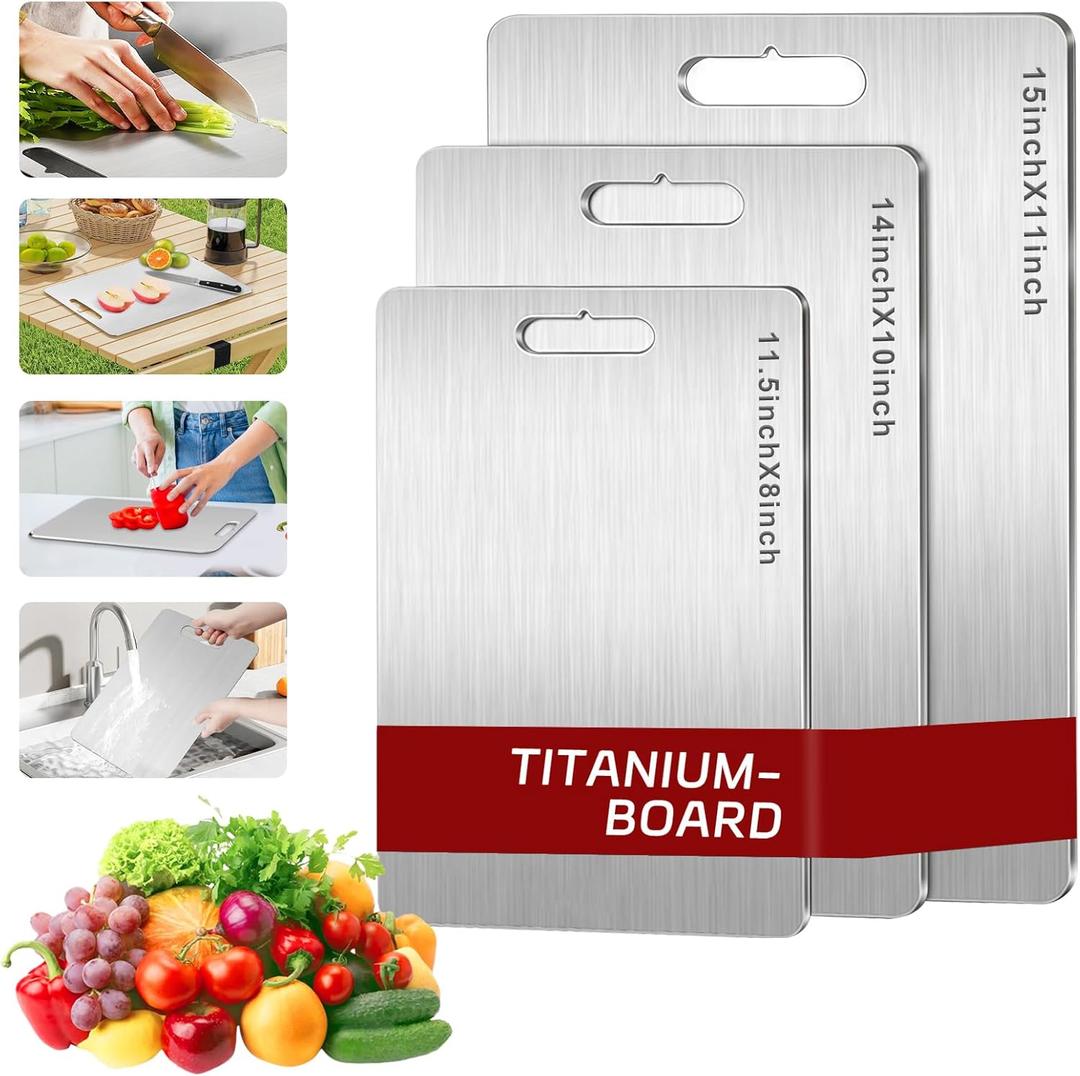 Titanium Cutting Board Set of 3, 3Pcs Pure Titanium Cutting Boards for Kitchen, Double Sided Food Grade Non Stick Chopping Cutting Boards for Cutting Meats, Fruits And Vegetables (S+M+L)