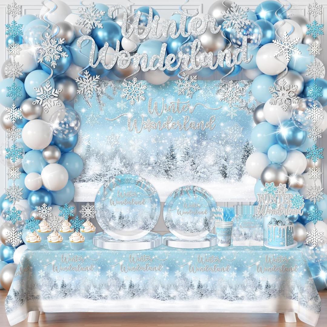 Winter Wonderland Birthday Decorations,288pcs Winter Wonderland Birthday Decorations Set include Gitter Snowflake Backdrop,Silver White Glittery Banners,Confetti Balloons for Winter Birthday Party