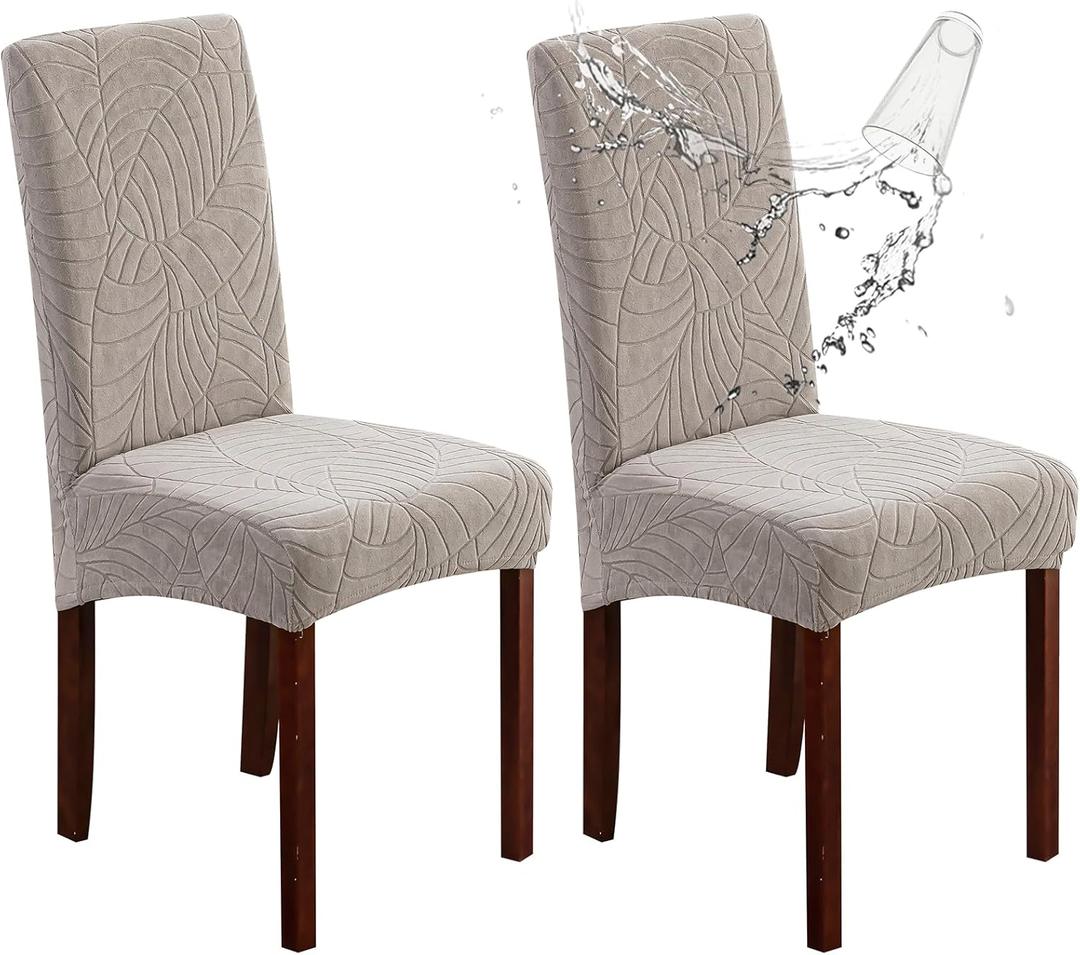 Genina 100% Waterproof Chair Covers for Dining Room Set of 2, Large Dining Room Chair Covers Protectors Stretch Kitchen Parson Chair Slipcovers for Home, Restaurant (Large, Leaves-Warm Gray)