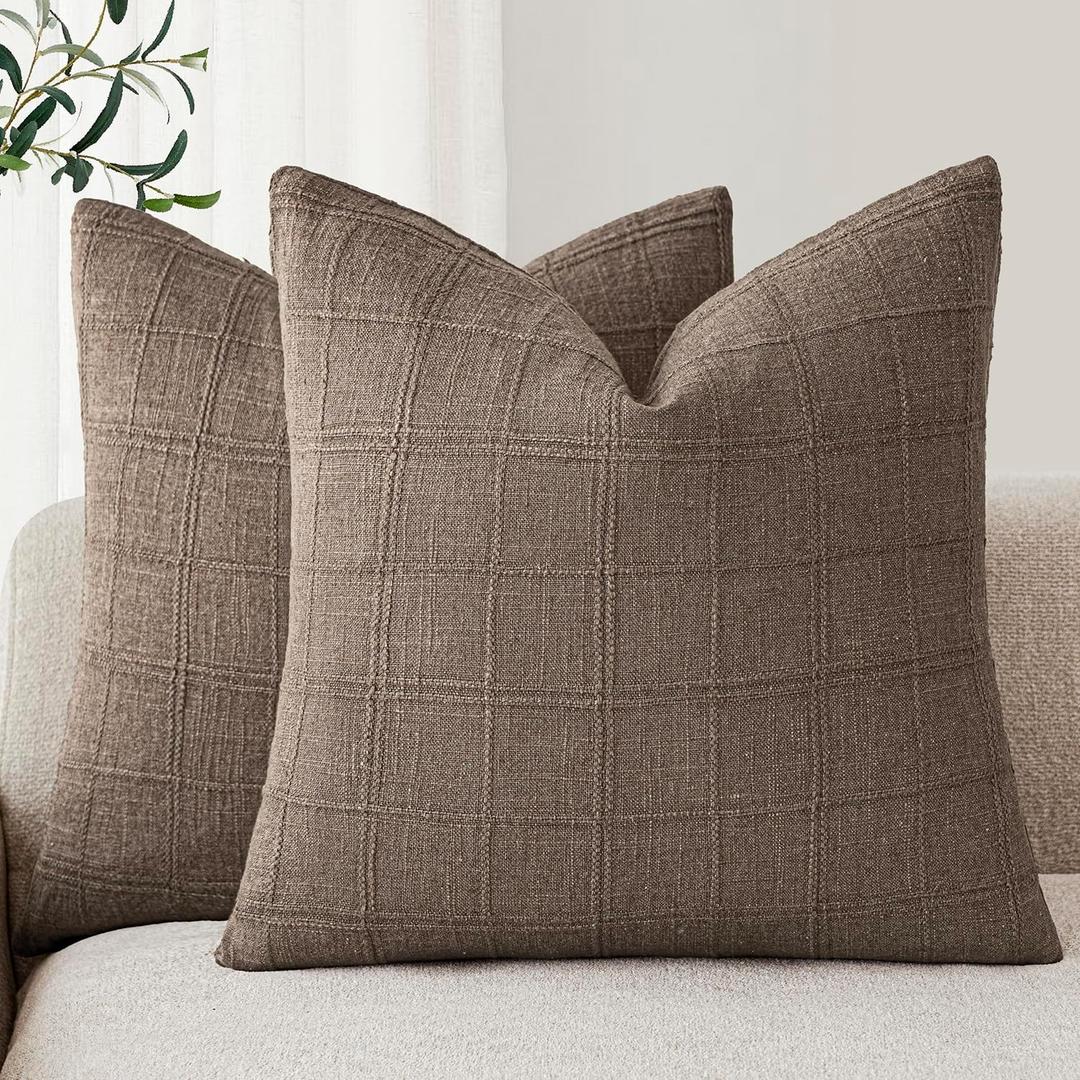 Foindtower Set of 2 Decorative Linen Check Throw Pillow Covers Neutral Farmhouse Vintage Cushion Covers Modern Boho Home Decor for Sofa Chair Couch Bedroom Living Room Outdoor,2222 Inch,Taupe Grey