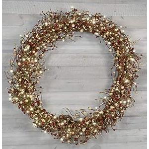 Red Co. 22” Light-Up Christmas Wreath with Red and Cream Pip Berries, Battery-Operated LED Lights with Timer