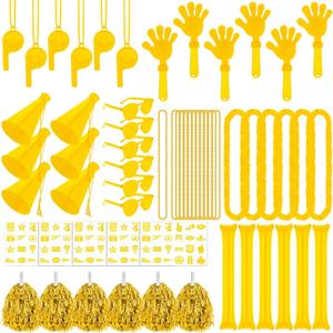 Soulchen 180 Pcs Yellow Team Spirit Accessories Bulk Spirit Day Pep Rally Accessories Sporting Events Party Cheerleading Pom Poms Hand Clappers Thunder Stick Whistle Megaphone