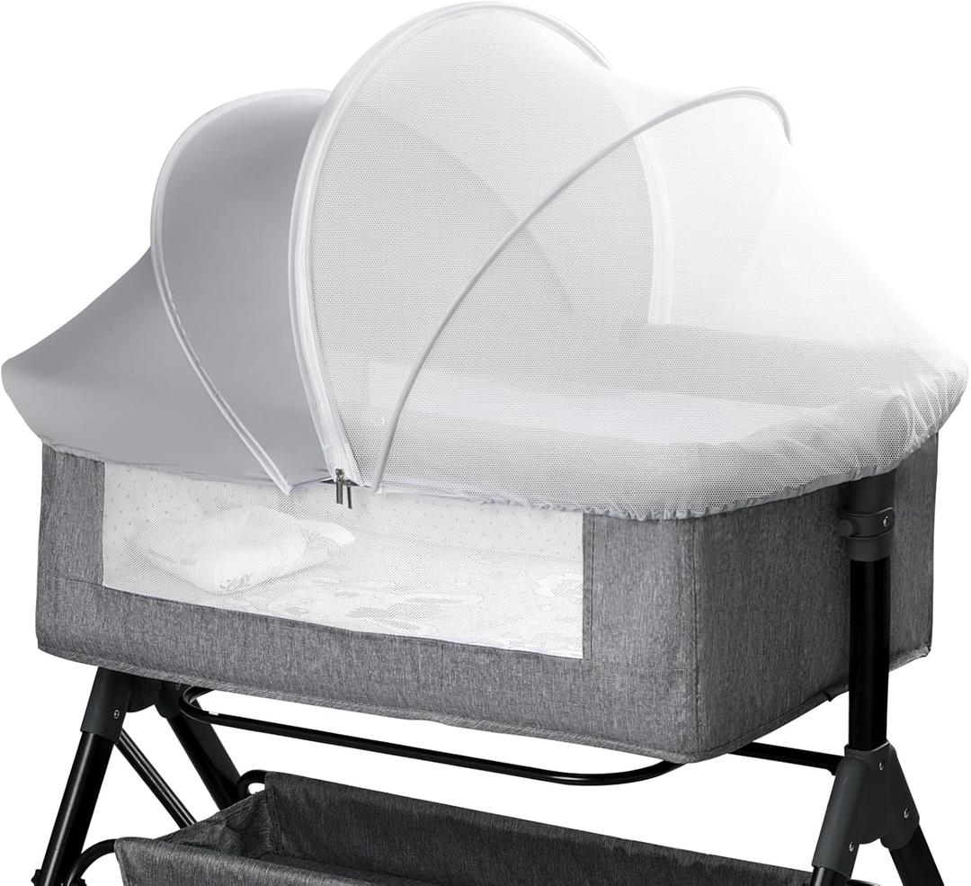 Bassinet Mosquito Net Cover - Half-Blackout Mosquito Net for Baby Crib & Bedside Sleeper, Breathable Crib net with 2-Way Zipper, Sun-Blocking Baby Mosquito Net Cover (Gray-Small)