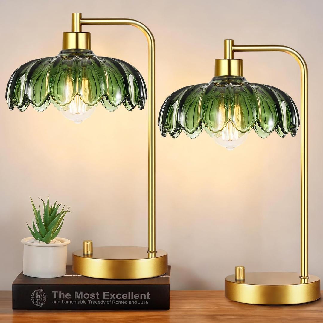 ILLMTW Glass Table Lamp Set of 2,Small Gold Bedside Lamps Dimmable Boho Bedroom Lamp with Tulip Flower Green Lamp Shade,Vintage Mid Century Modern Mini Nightstand Lamp for Bedroom Living Room