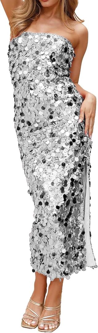 YYA Women's Midi Strapless Dress Sequin Strappy Bodycon Party Dress Sparkly Glitter Ruched Party Club Dress Silver XL