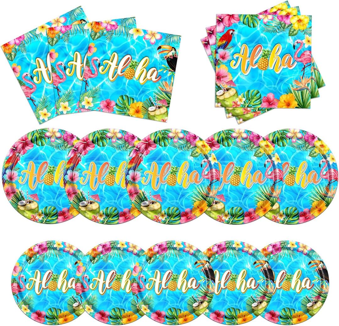Summer Birthday Party Decorations,Aloha Tropical Party Tableware Hawaiian Plates and Napkins Party Supplies for Hawaiian Luau Party Theme Birthday Decorations