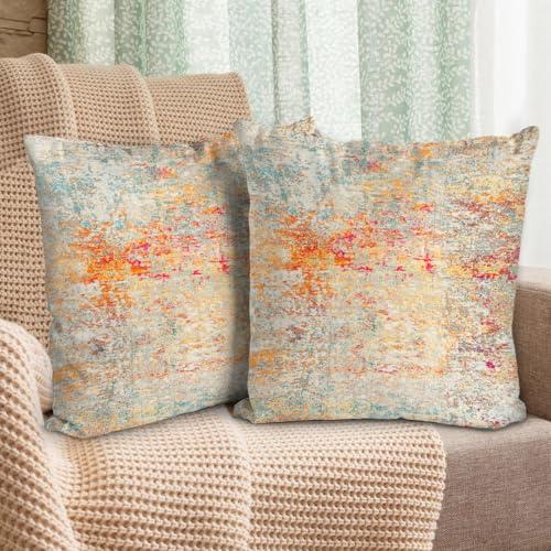 BUAEL Boho Floral Throw Pillow Covers 18x18 inch Set of 2,Cream Boho Rug Geometric Floral Pattern Decor Double Sided Pattern Cushion Cover Soft Pillow Case Living Sofa Room Bed Square Pillow Cover