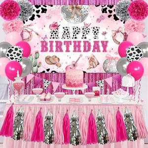 Cowgirl Birthday Party Decorations Disco Cowgirl Party Decorations Disco Cowgirl Happy Birthday Backdrop Hot Pink Cow Balloons Paper PomPoms Pink Fringe Curtain for Western Cowgirl Party Supplies