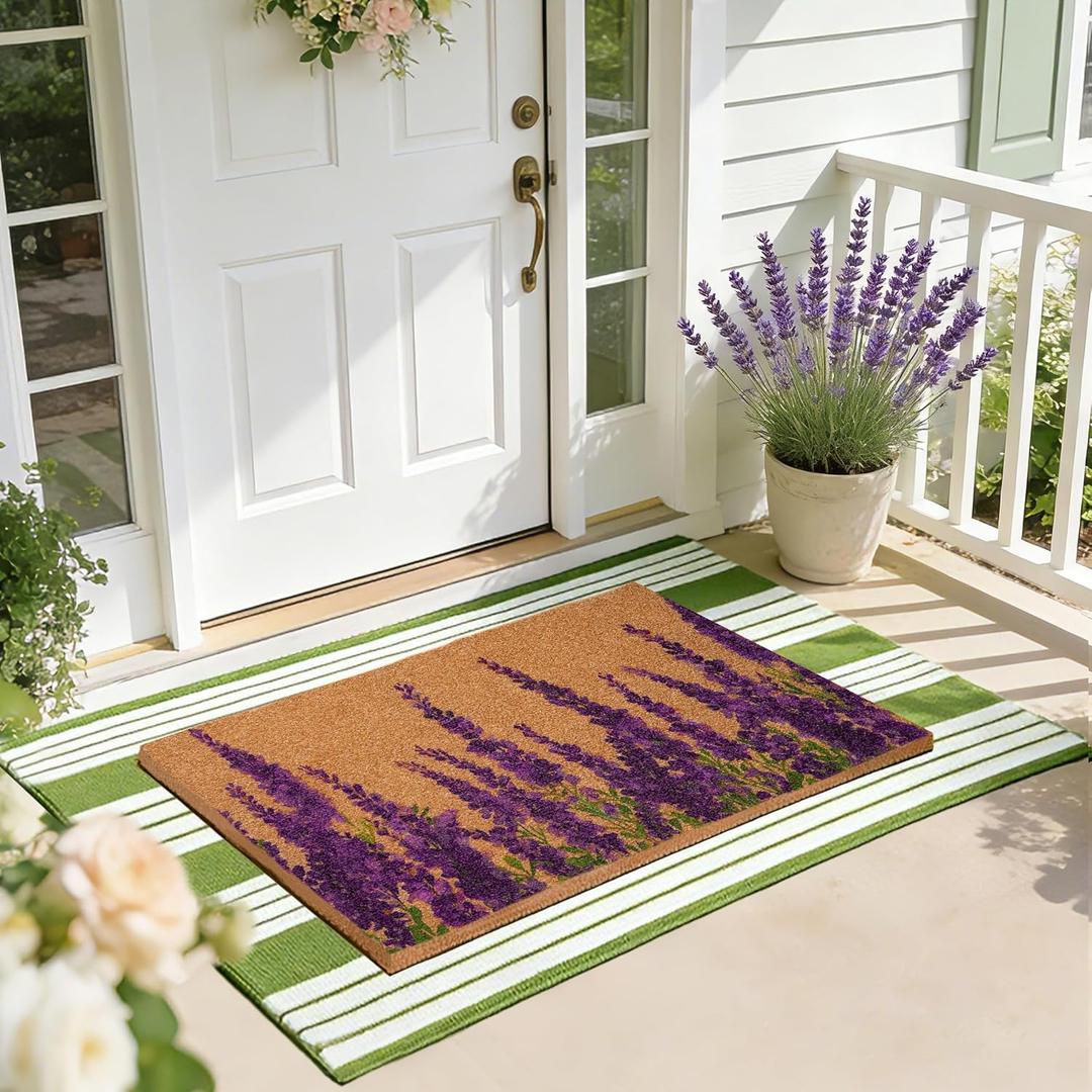 2 PCS Lavender Floral Welcome Door Mat Set, 17"x30" Coir Doormat with Non-Slip Backing & Green White Striped Mat, Farmhouse Spring Doormat for Front Porch, Patio, Entryway Spring Home Decor