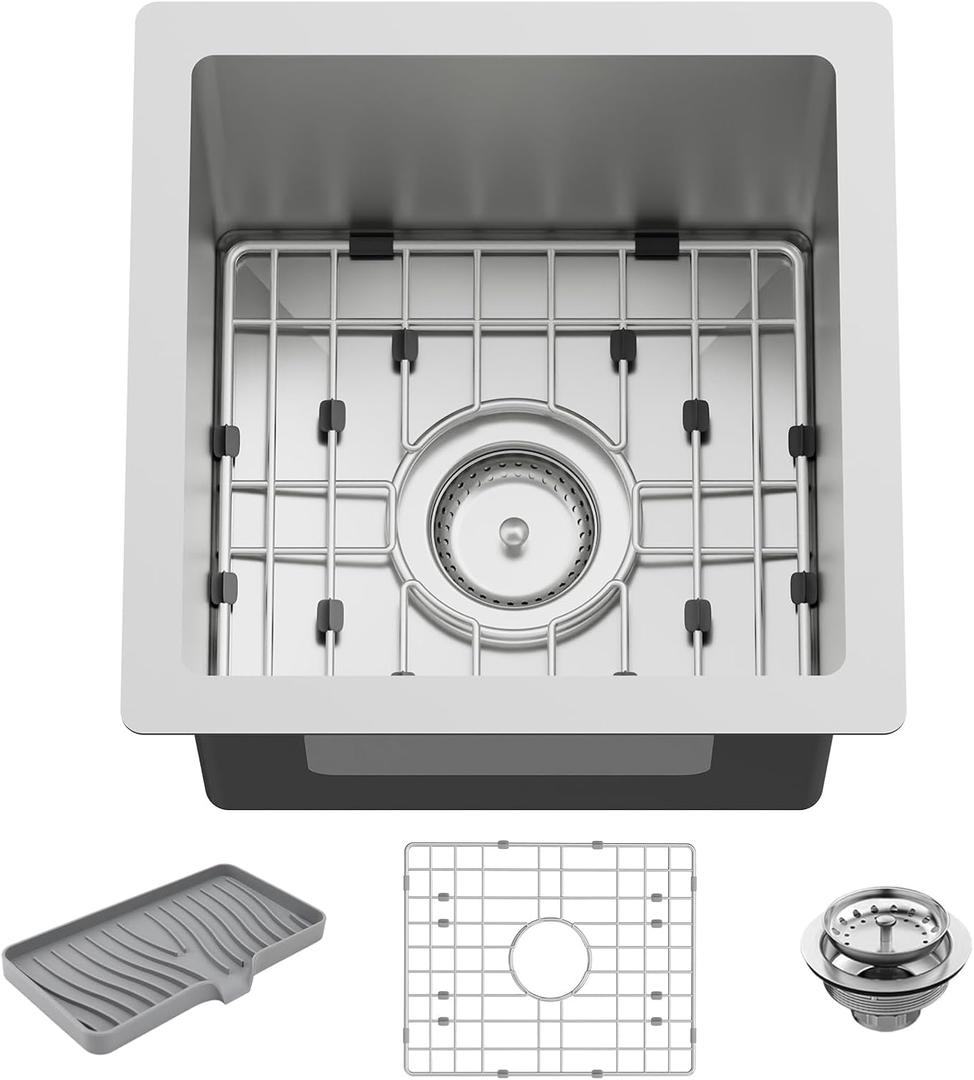13x13In Stainless Steel Kitchen And Bar Sink - Small Undermount Single Bowl Drop In Staylish Kitchen&Bar Sink Ideal Choice For Small Space, Prep Area, RV With Bottom Grid,Soap Mat And Drain Assembly
