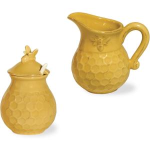 Boston International Embossed Stoneware Cream and Sugar Set, 2-Piece Set, Honeycomb