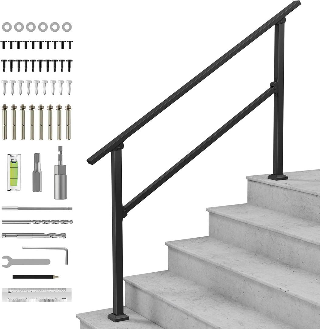 LuckIn 5-Step Handrail for Outdoor Steps, Porch Railing Outdoor, Wrought Iron Handrail for 4 to 5 Steps, for Concrete Steps and Wooden Stairs, Easy Installation & Adjustable Height, Black