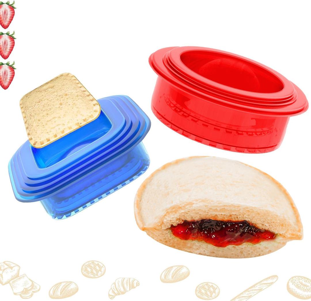 HiYZ Sandwich Cutter and Sealer -  Decruster Sandwich Maker - Peanut Butter and Jelly Crustless Sandwich Bread Pancake Maker Cookie Cutter for Kids Children Boys Girls (Round Red and Square Blue)
