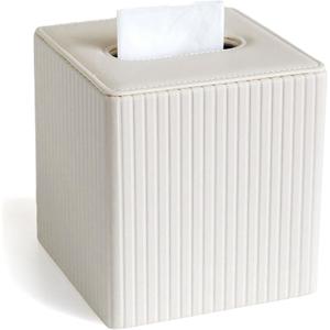 Leather Ivory White Tissue Box Cover, Square Tissue Box Holder Compatible with Kleenex for Bathrooms