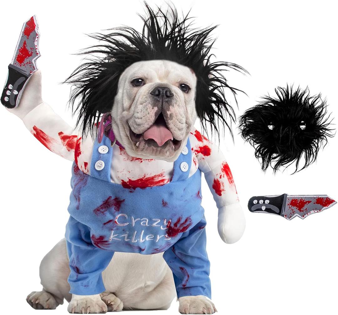 Dog Halloween Costumes Deadly Adjustable Dog Costume Cosplay Clothes, Funny Doll Wig Pug Party Christmas Costume for Small Medium Large Dogs Puppy Cat Outfit Apparel