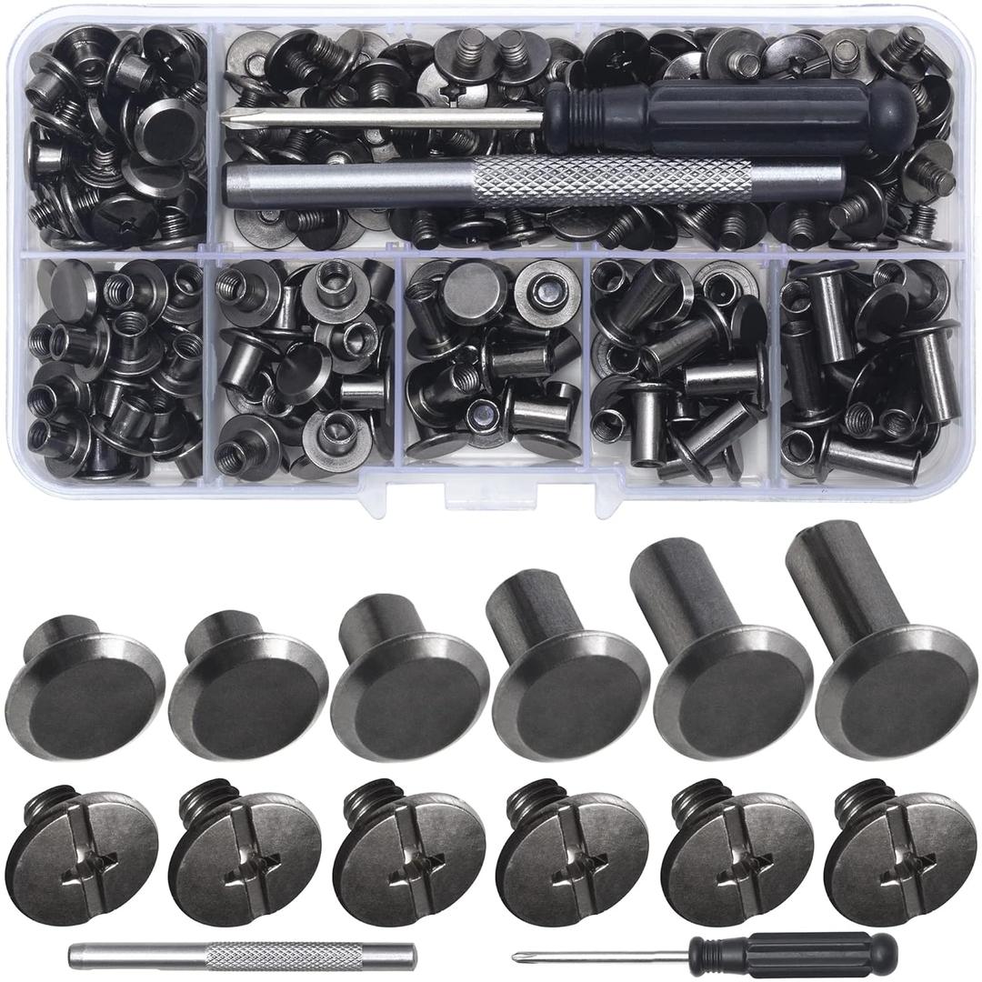 YORANYO 110Sets Chicago Screws Leather Rivets Assorted Screw Rivets Chicago Binding Screws for Decorate and Repair Leather Craft Belt Bag Shoes Purse Bookbinding (Gunmetal Black, M5*4,5,6,8,10,12)