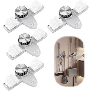 4 Pack Broom Holder Mop Hanger, No Drill Suction Cup Adjustable Organizer with Hooks Broom Hanger Organizer for Bathroom Kitchen Office Utility Room Laundry Home Garden Garage Storage Organizatin Rack