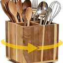 Wooden Utensil Holder for Kitchen Counter, Non-Slip Large Acacia Wood Organizer with 4 Compartments, 360 Rotating Cooking Utensil Holder