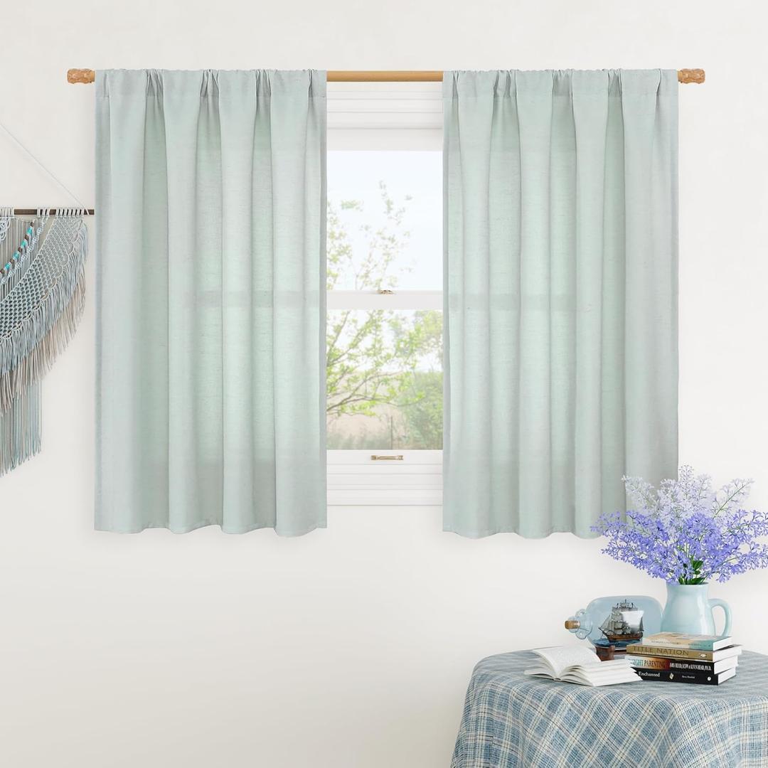 LAMIT Short Linen Curtains 40 inches Long for Small Window, Rod Pocket Linen Drapes Light Filtering Privacy Window Curtains for Kitchen/Cafe, 2 Panels (42 x 40 Inch, Light Blue)