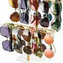 BILIONE 2-Tier Sunglasses Organizer & Eyeglasses Holder Stand for 24 Pairs Display Storage, Metal Frame with Wood Base for Table Desk Countertop Dresser Bedroom Home Decor (golden)