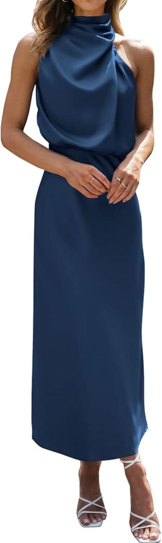 BTFBM Cocktail Dresses for Women Summer Satin Silk Sleeveless Mock Neck Maxi Wedding Guest Dress Spring Outfits 2026 (Small, Dark Blue)
