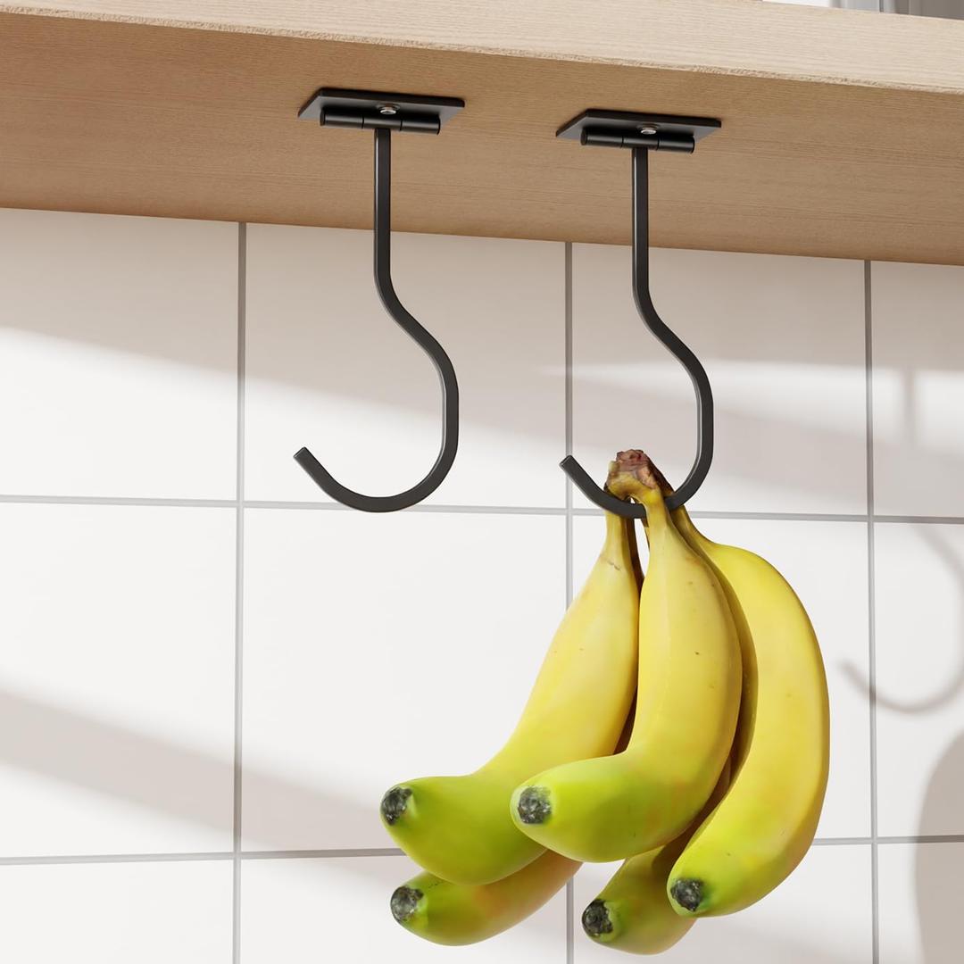 2-Pack Self Adhesive Metal Banana Hanger Hook, Under Cabinet Hook For Kitchen Items, Foldable Banana Hook With Magnets