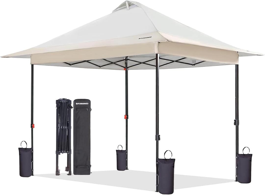 FUNDANGO 10x10 Pop Up Canopy Tent, Beach Canopy Tent, Outdoor Sunshade Canopy with Quick Open Frame, Extra Eave&Wheeled Carry Bag, Silver Coated top, Khaki