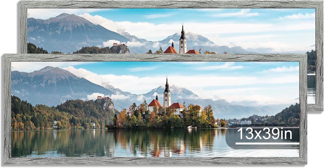 Hongkee 13x39 Puzzle Frame 2 Packs, Real Glass and Rustic Grey Wood Frame, Display Panoramic 13 x 39 Picture Frames - Horizontal or Vertical Wall Mounting