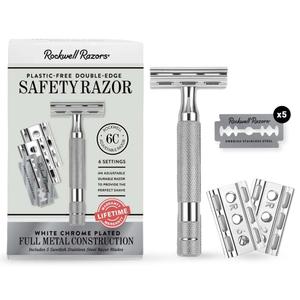 ROCKWELL RAZORS 6C White Chrome Safety Razor for Sensitive Skin. Reduces Razor Burn and Irritation. Comes with 6 Adjustable Shave Settings and 5 Recyclable Blades. Reusable Razor for Men and Women ROCKWELL RAZORS 6C White Chrome Safety Razor for Sensitive Skin. Reduces Razor Burn and Irritation. Comes with 6 Adjustable Shave Settings and 5 Recyclable Blades. Reusable Razor for Men and Women