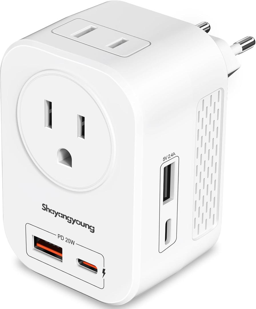 220V to 110V Voltage Converter US to Europe International Universal Travel Adapter, 20W PD With 2 USB-A 2 USB-C Port, Worldwide Power Converter Plug Combo US to Spain Italy Greece WHITE-N