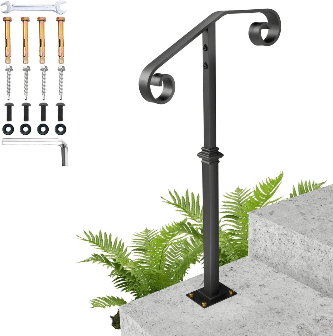 Handrails for Outdoor Steps, 1-2 Step Single Post Handrail, 38" H Rustproof Wrought Iron Stair Railing with Assembly Tool Kit for Concrete Steps, Wood Steps, Black