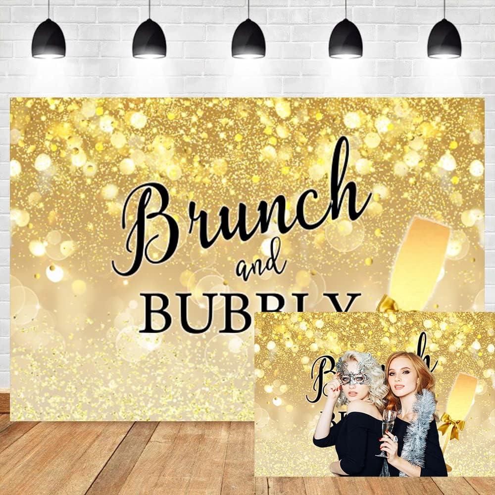 7x5ft Brunch and Bubbly Backdrop Shiny Glitter Golden Spots Sequins Champagne Luxury Elegant Bridal Shower Wedding Party Photography Background Video Shooting Vinyl Studio Props Photobooth