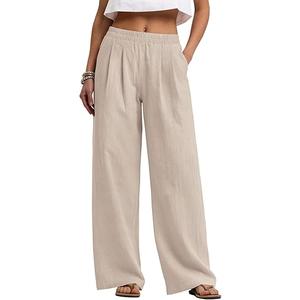 Cotton Linen Pants Women Wide Leg Palazzo Pants Beach Vacation Outfits Summer 2026 Flowy Clothes Trousers with Pockets, Medium Khaki