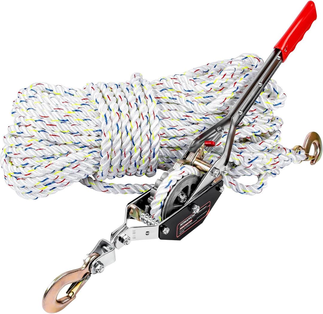 Rope Puller, 3/4 Ton Capacity with 100ft 0.6" Rope, Come Along Tool, Ratchet Hand Winch Cable, Hoist Winch Puller Equipment for Tree Felling & Moving Boats