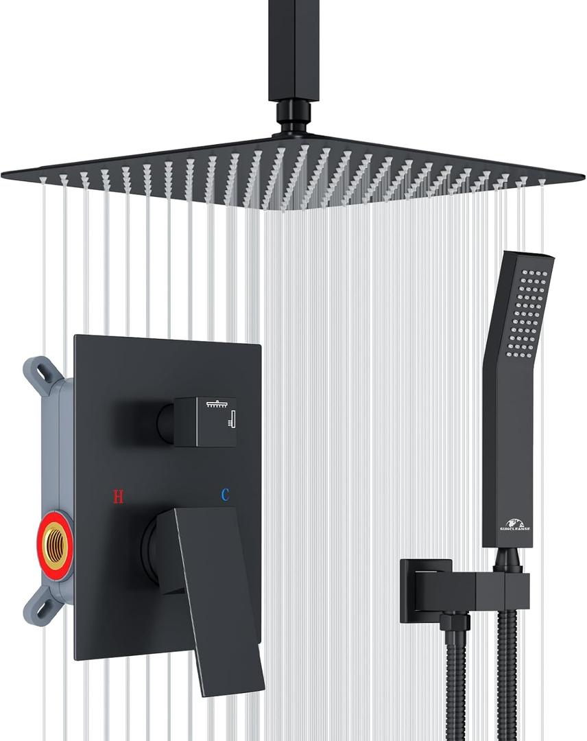 SunCleanse Rainfall Shower System Matte Black Ceiling Mounted Shower System Combo Set with High Pressure 12 Inches Square Rain Shower Head Handheld and Shower Faucet Rough-in Mixer Valve and Trim