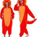 Funziez! Adult Onesie Halloween Costume Animal Dinosaur Shark Unisex Plush One Piece Cosplay Suit for Adults, Men and Women (Large, Triceratops Orange)