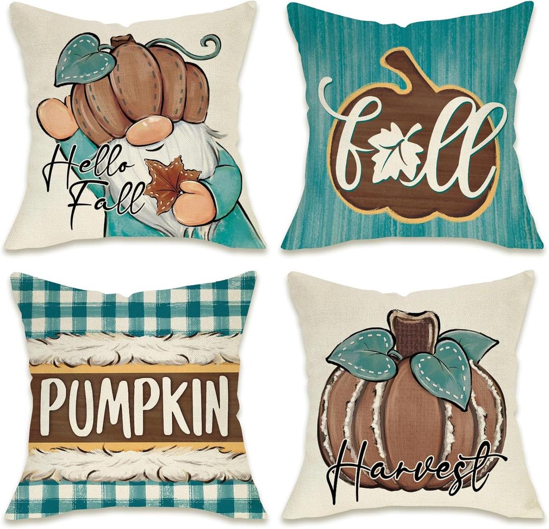 Fahrendom Hello Fall Pumpkin Gnome Decorative Throw Pillow Covers 18 x 18 Set of 4, Autumn Harvest Teal Blue Plaid Check Porch Outdoor Pillowcase, Maple Leaves Farmhouse Rustic Cushion Case Home Decor