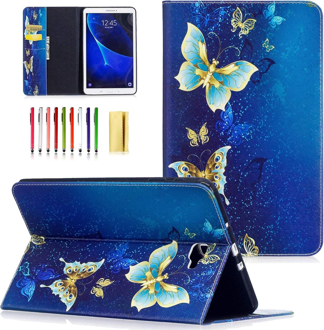 Case for Samsung Galaxy Tab A 10.1" 2016 Tablet (SM-T580/T585/T587, NO S Pen Version) PU Leather TPU Back Shockproof Shell Folio Stand Magnetic Wallet Cover with Card Pockets, Gold Butterfly