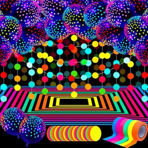 32 Pcs Glow in The Dark Party Supplies 25 Pcs Fluorescent Balloon 6 Rolls 98.4 ft UV Blacklight Luminous Tape 14.4 ft Neon Streamer Garland Glow Neon Party Decoration for Halloween(Clear Dot)
