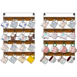 Rustic Wood Coffee Mug Rack - Wall Mount Cup Holder Shelf Storage for Kitchen, Home, Bar, Office (4 Pack, Holds 32 Mugs) (8-Tier)